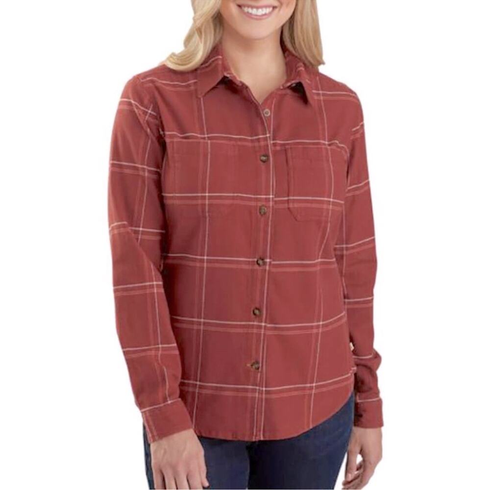 Carhartt Women’s Rugged Flex Orange Plaid Flannel Button Down Small